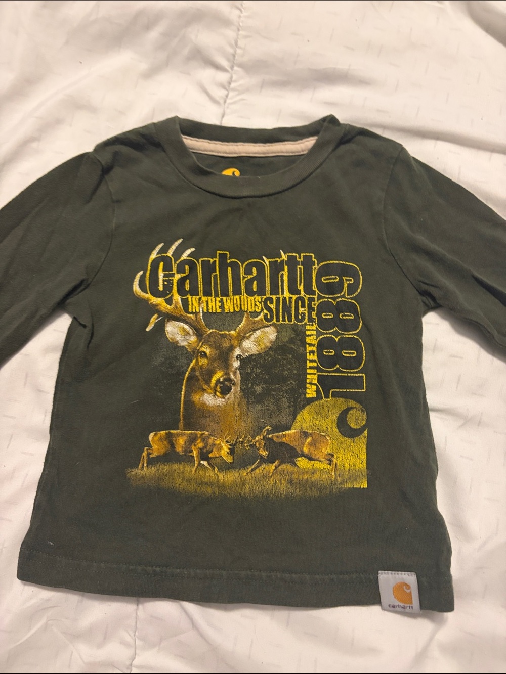 Carhartt Olive Green Long Sleeve Tee with Yellow Graphic Deer